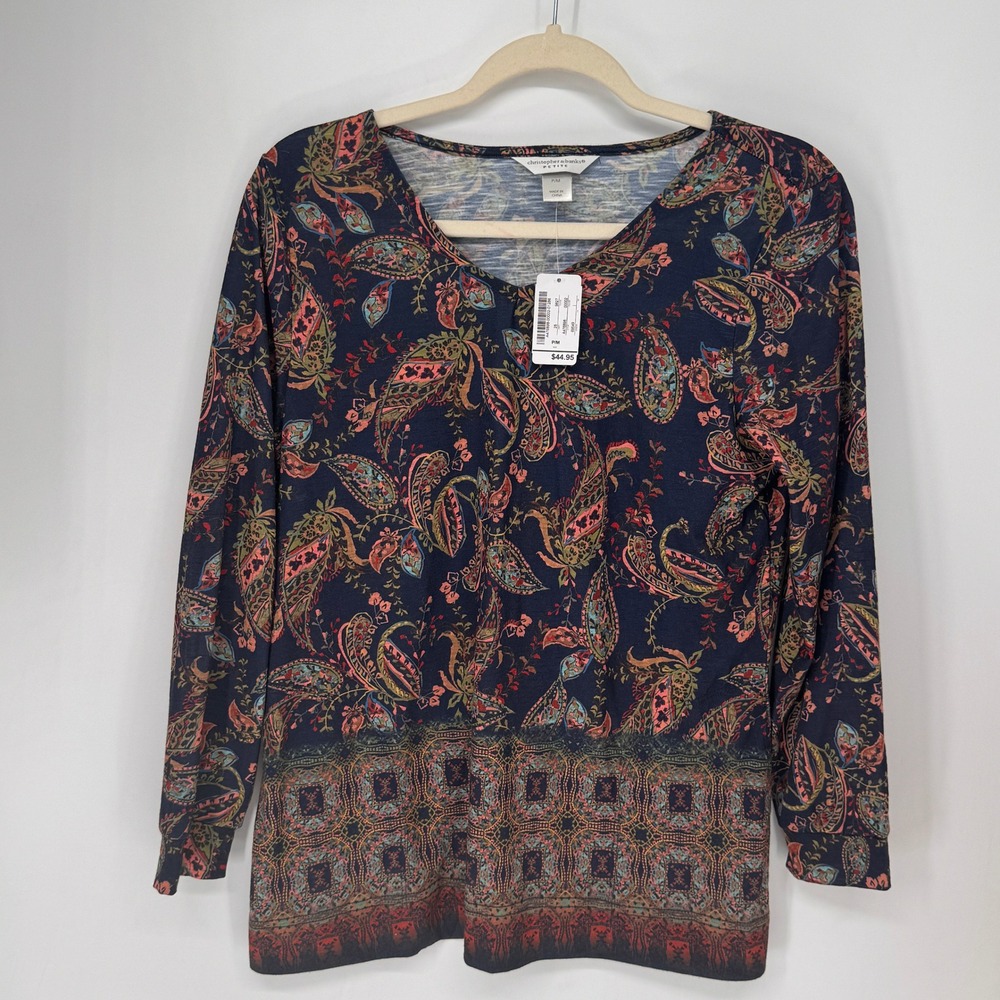Christopher & Banks Top Womens Petite Medium Navy Blue New Paisley V-Neck Blouse